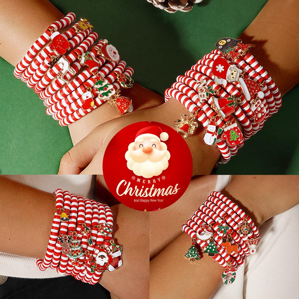 Christmas Clay Beaded Bracelet with Tree, Snowman, Bell & Reindeer Pendants In Red, White & Green - Festive Hand Jewelry