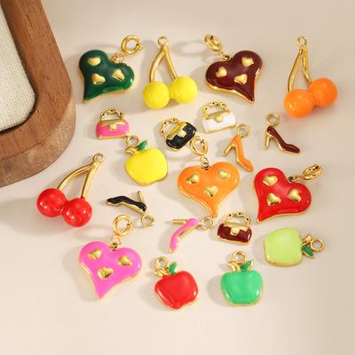 CARLIDANA Enamel Gold Plated Charm Waterproof Stainless Steel DIY Accessory Heart Apple Cherry Bag Charm Pendant for Women