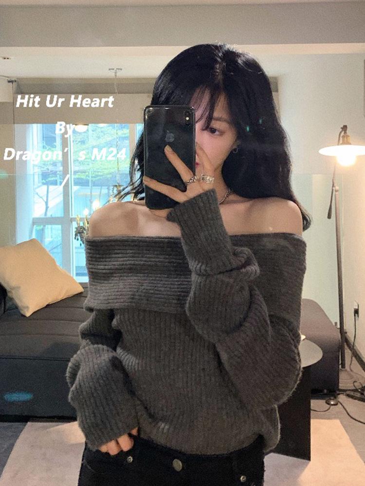 Women's High-End One-Shoulder Knit Sweater - Black, Versatile, Autumn/Winter Short Style