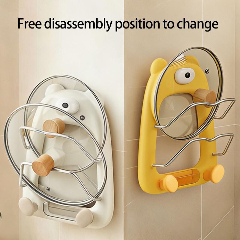 Space Efficient Cookware Shelf For Kitchen Wall Mount Cutting Board Holder Cartoon Bear Pot Lid Storage Stand