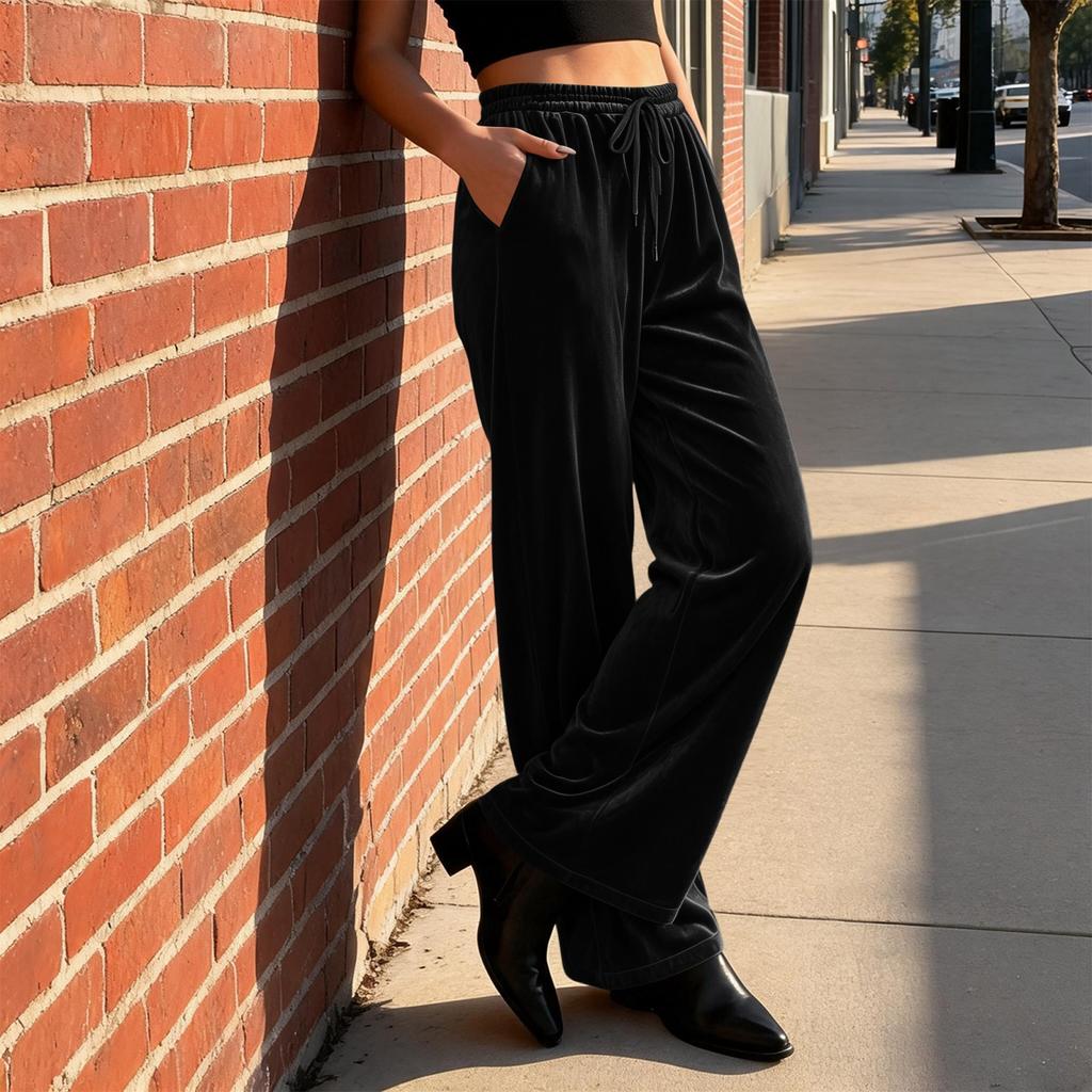 Damen Samt Casual Hose Lockerer Schnitt Elastischer Bund Kordelzug Lounge Hose Geeignet für den Alltag und zur Entspannung zu Hause
