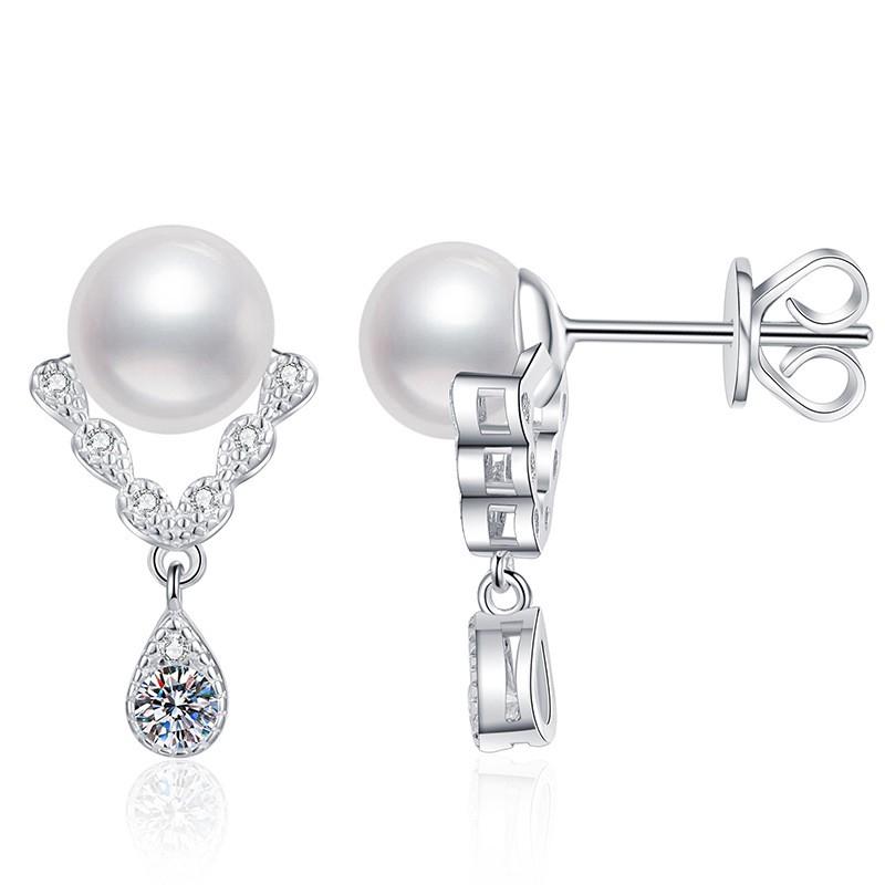 Moissanite Freshwater Pearl Earrings Women V-Shaped Drop Design Sterling 7-8mm Elegant Office Jewelry 925 Sterling Silver