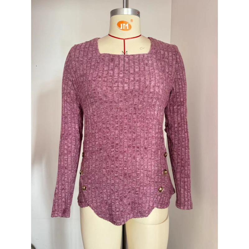 Autumn Women's Buttoned Square Neck Pit Stripe Brushed Solid Long Sleeve Top