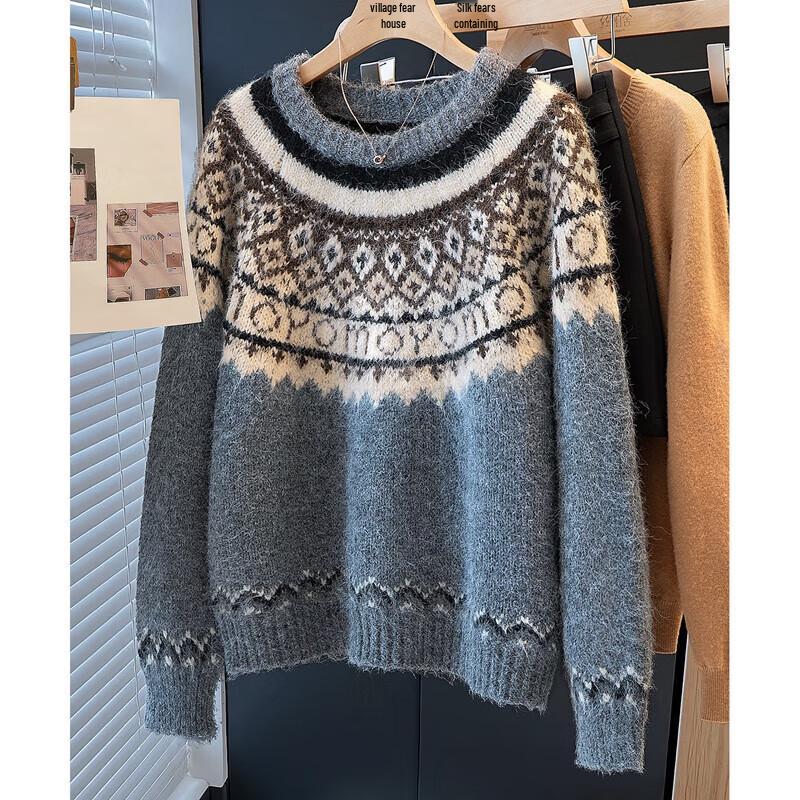 Women s Loose Fit Round Neck Pullover Sweater One Size