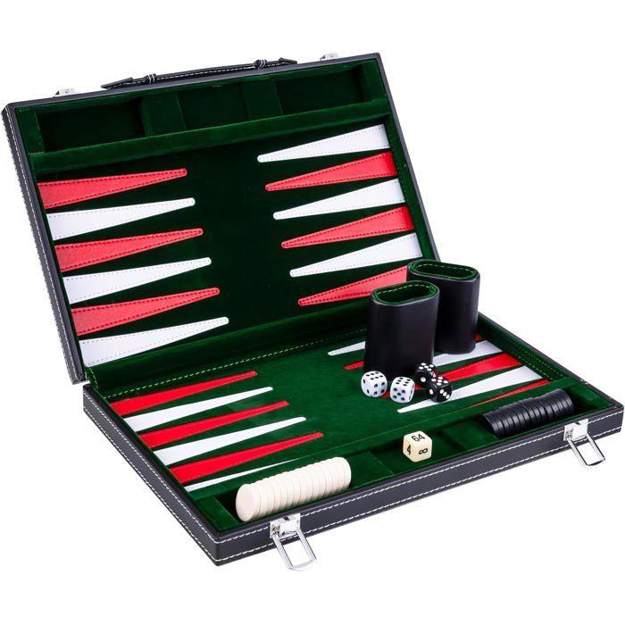 Backgammon 38 cm de luxe, Feutre et Simili Cuir surpiqués Vert/Rouge/Blanc