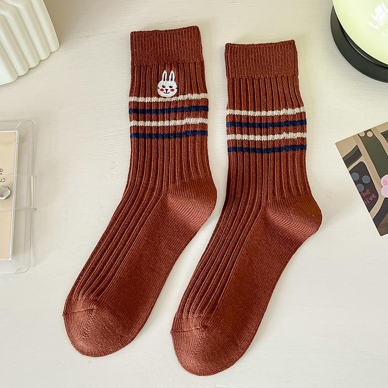 

Women s Autumn and Winter Striped Embroidered Lettered Mid Calf Cotton Socks 1 pair