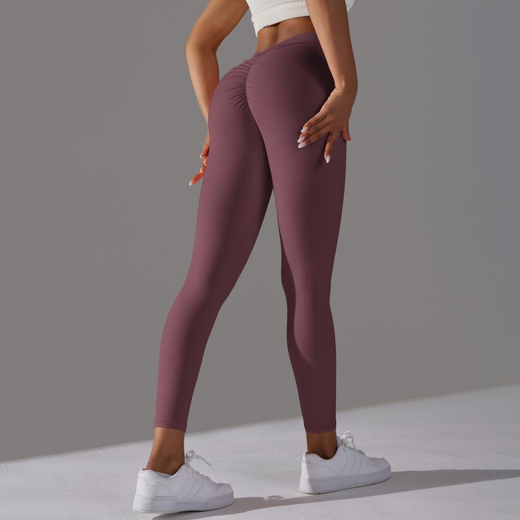 Brushed V-waist Pleated Solid Color Peach Hip Yoga Pants For Sports, Running, Fitness, Tight Fitting Cropped Pants