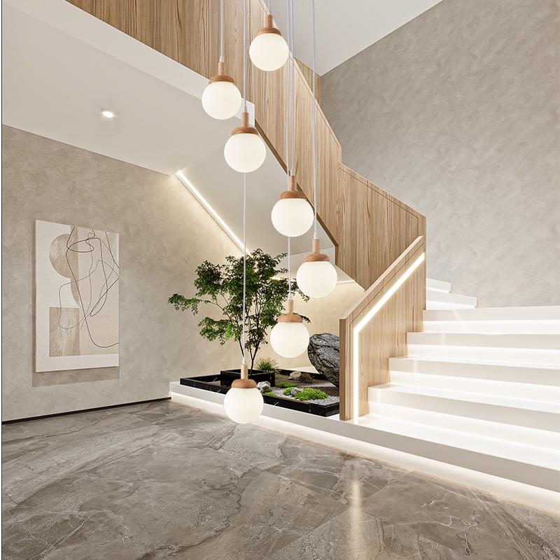 Nordic Solid Wood Spiral Staircase Chandelier for Dining Room and Mezzanine