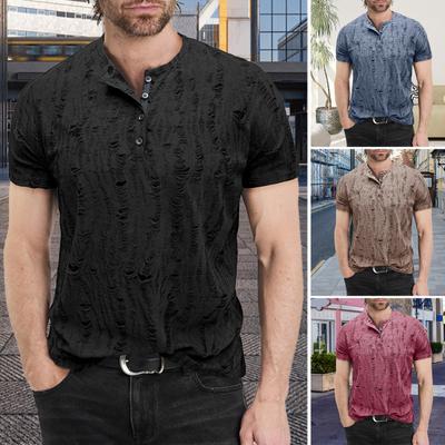 Sommer-Oberteil für Herren, kurze Ärmel, Rundhalsausschnitt, zerrissene Löcher, Knöpfe, einfarbiges Hemd im amerikanischen Stil für Streetwear, Alltagsreisen