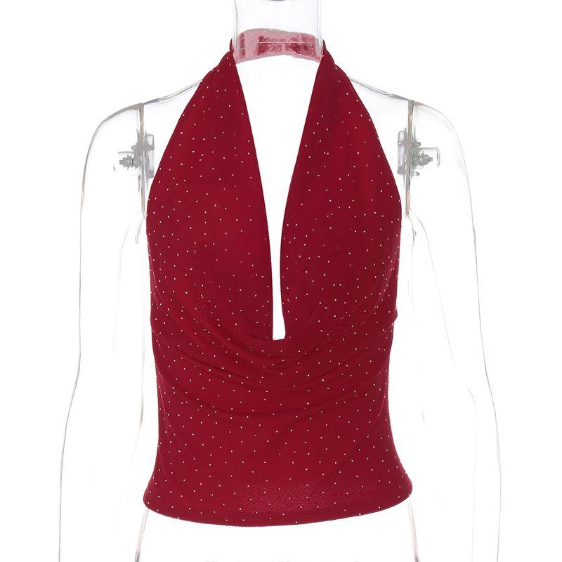 

Gusty Fashion Sexy Sexy Open Back Halter Spaghetti Straps Tops Female Elegant Adult Lady like Woman Swing Collar Hot Drilling Mesh T-shirt Summer Burgundy L
