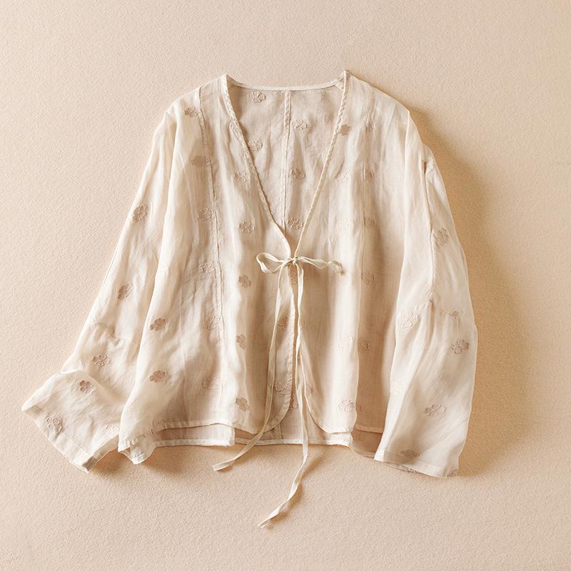 Embroidered Women s Retro Cardigan: Cotton Linen Short Jacket, Versatile & Loose - New Spring 2026 Arrival. XL (60-70 kg) абрикосовый