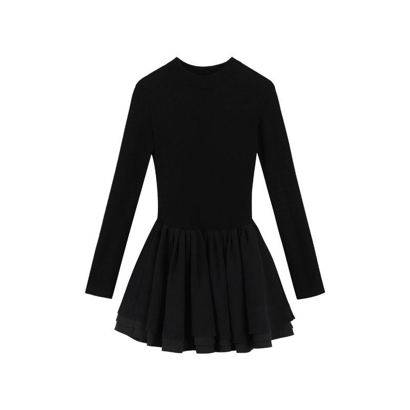 Black long-sleeved semi-turtleneck dress for women in winter, waist-closed and thin tutu skirt, bottom skirt inside