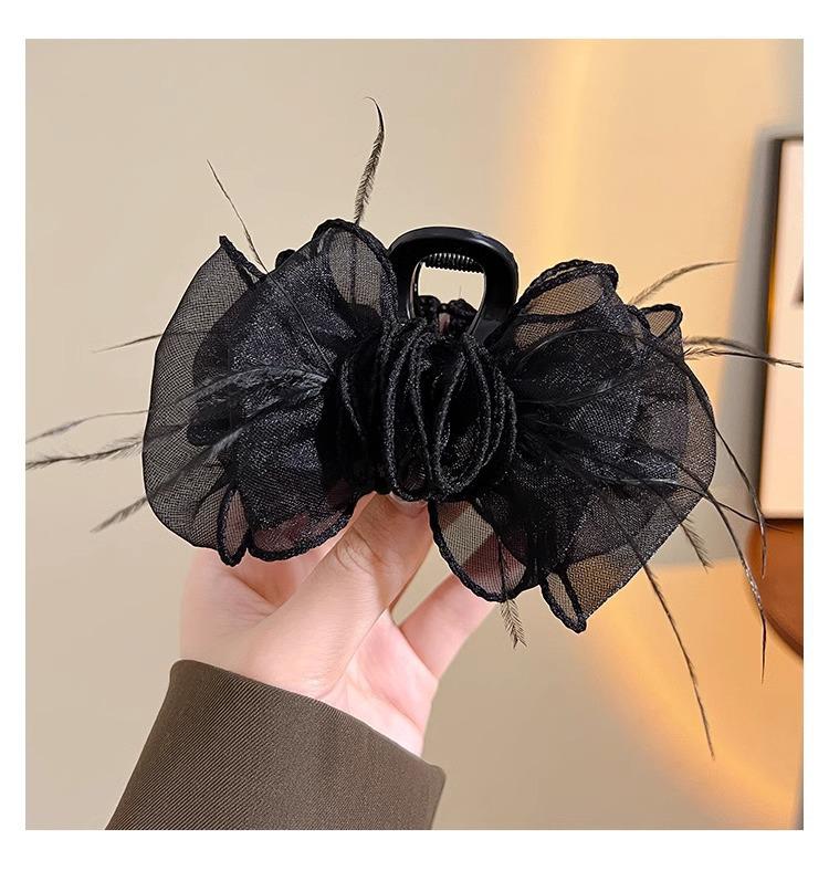 Large Summer Lace Edge Bow Claw Clip Hair Accessory for Women - Multi-Layer Feather Design