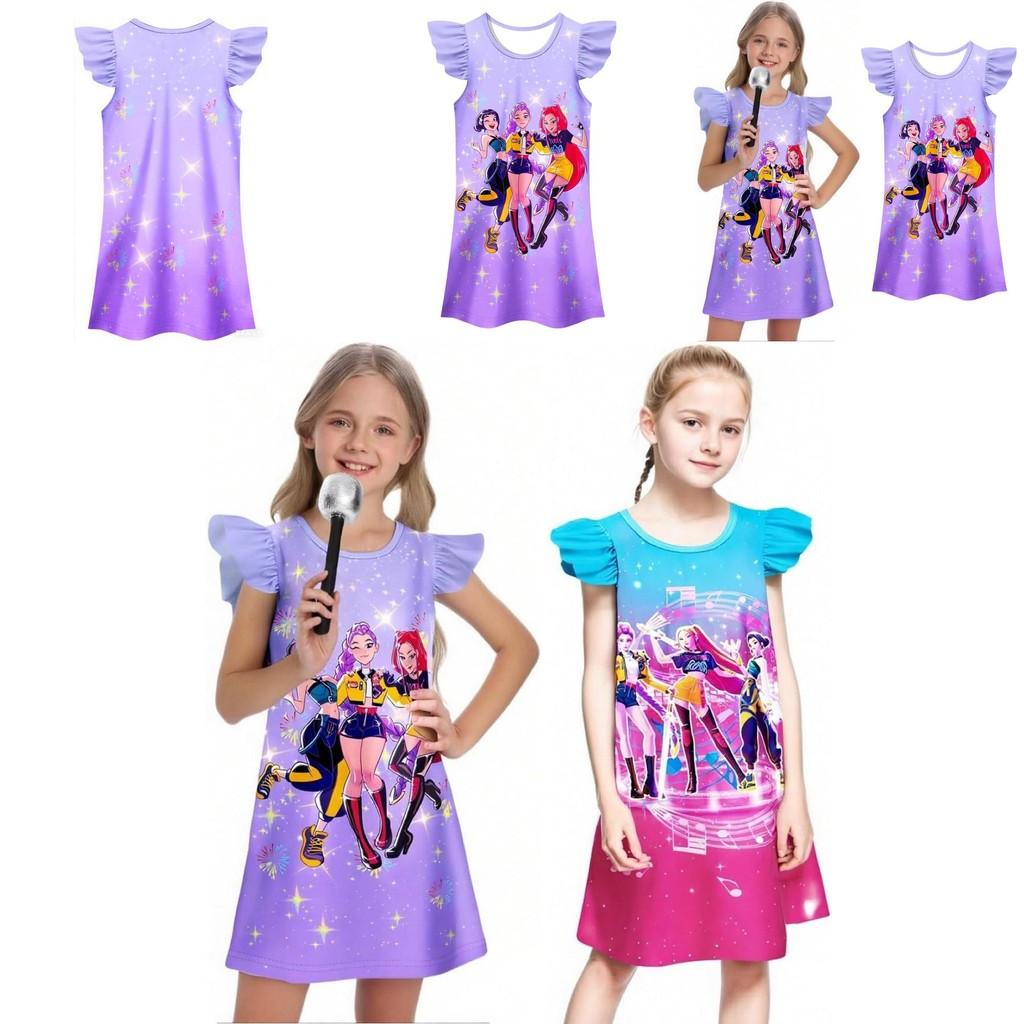 Kpop Demon Hunters Pattern Girl Sleep Dress With Cartoon Pattern For Kids Summer Wear