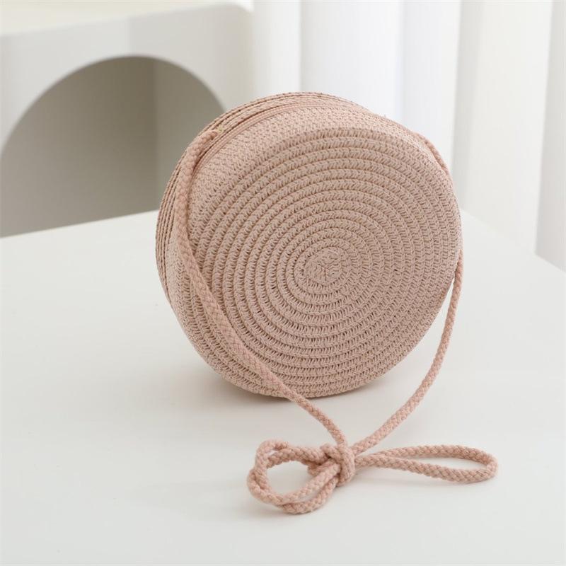 Summer Solid Color Straw Bag Shoulder Messenger Round Bag Children Versatile Outing Beach Bag Light Board DIY Round Weaving