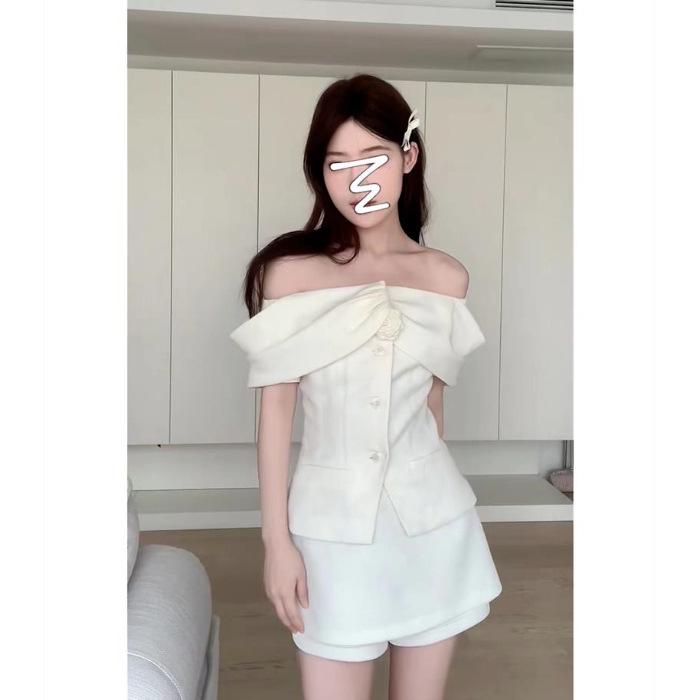 Women's Floral One-Shoulder Suit - 2024 Summer Korean Set: Shirt & High-Waisted Casual Shorts