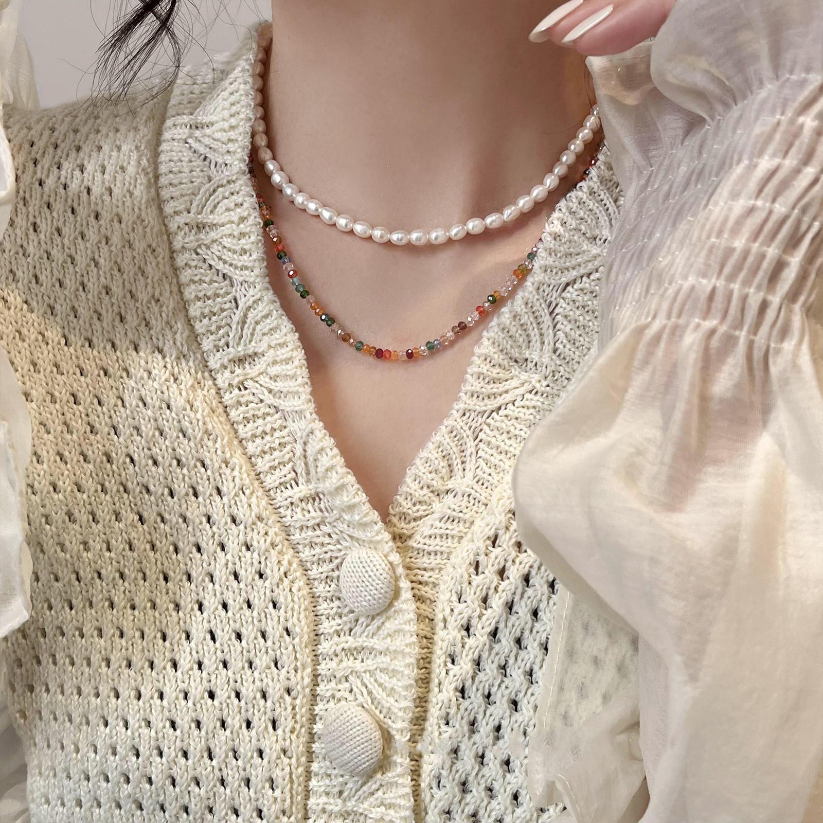 

Women s Colorful Crystal & Freshwater Pearl Beaded Clavicle Chain Choker Necklace
