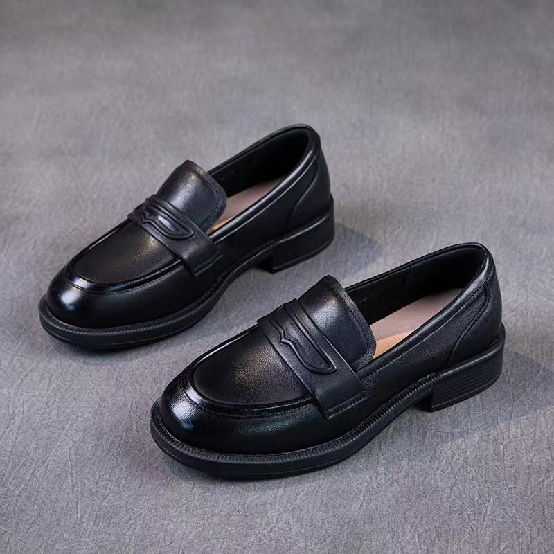 Leather retro one-pedal lazy shoes women's thick heel single shoes new small leather shoes flat bottom