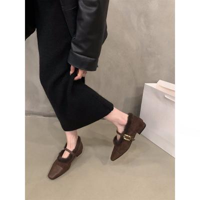 Französische Plüschschuhe mit niedrigem Absatz Mary Janes Einzelschuhe Damenschuhe 2024 neue Herbst- und Winter warme Baumwollschuhe Abend