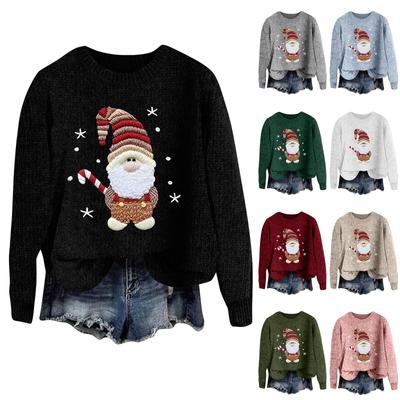 Women's Fashion Casual Long Sleeve Christmas Printed Round Neck Woolen Knit Pullover Top