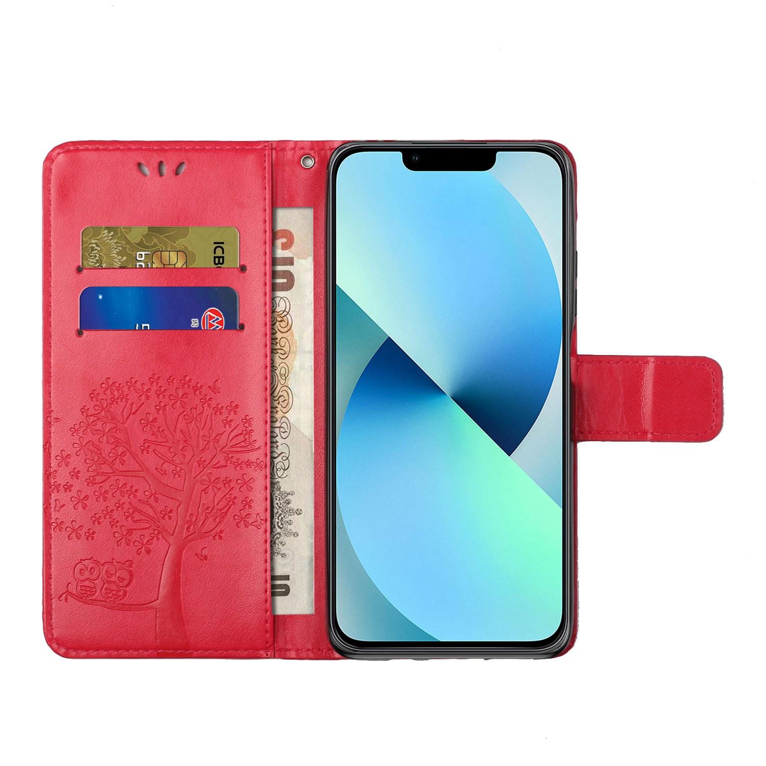 

For iPhone 14 Pro Max 6.7 inch Shockproof Phone Case Imprinted Owl Tree Pattern PU Leather Wallet Cover Stand with Wrist Strap Red