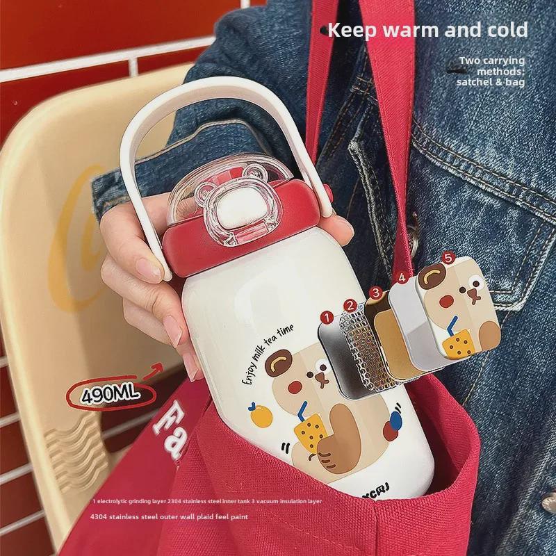 Entzückender tragbarer Thermosbecher für Kinder – Edelstahl 316, Design mit doppeltem Strohhalm