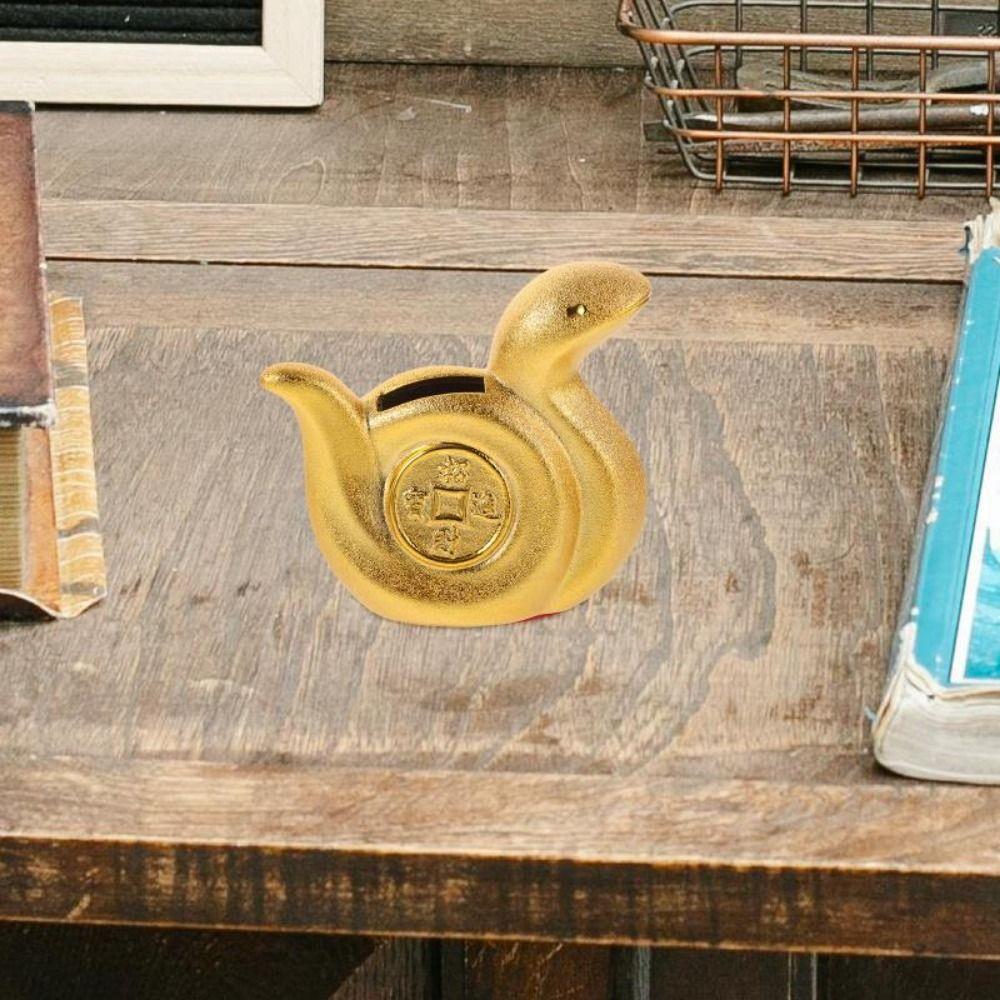 Cute Golden Snake Piggy Bank Unique Desktop Animal Jar Funny Snake Year Ornaments  Collection