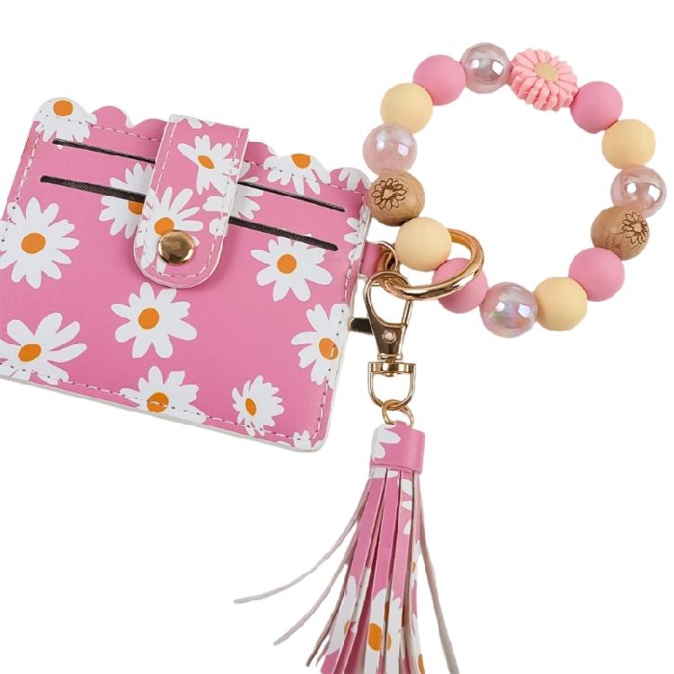 Secure Closure Daisy Beaded Keychain Bracelet Soft PU Leather Women Girls Fashion Accessory