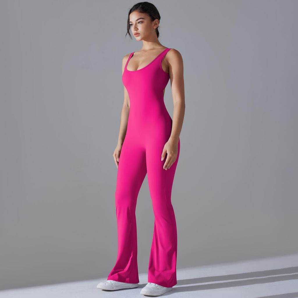 Kombinezon sportowy w jednolitym kolorze, dopasowany, z szerokimi nogawkami, do jogi i biegania