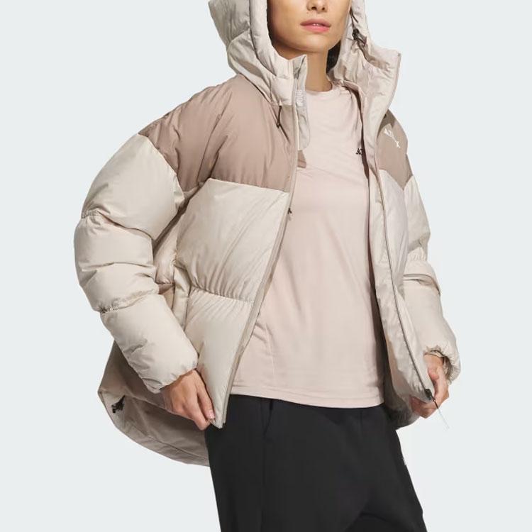 Adidas Goose Down Midweight Puffer Jacket 800 Fill Color Block Logo Long Sleeve Hooded Down Jacket Women Jacket Beige IM9847