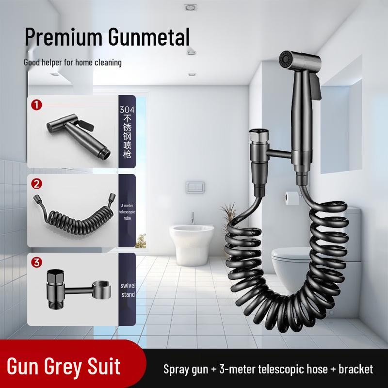 Gunmetal Grey Wall-Mounted Dual Faucet with 304 Spray Gun
