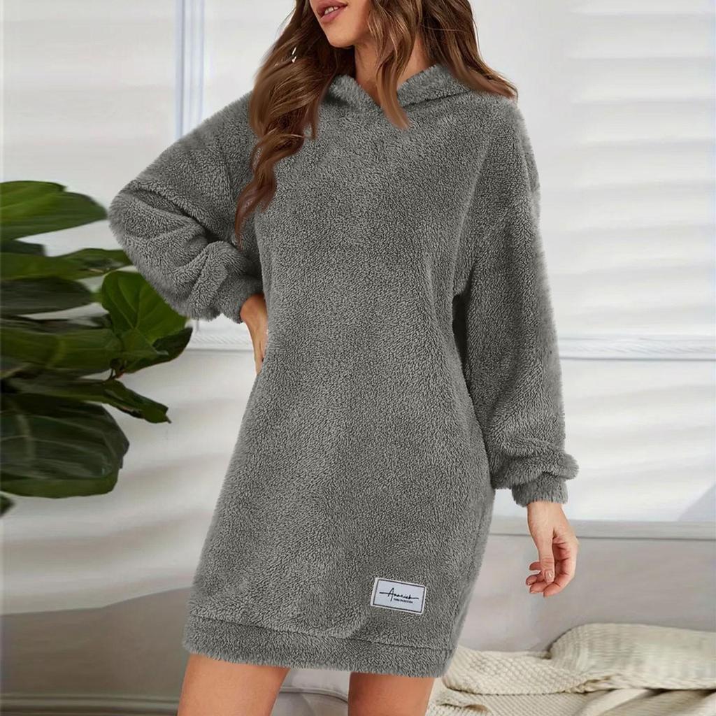 Abito da donna alla moda con cappuccio a maniche lunghe in peluche tinta unita felpa casual