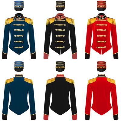 Womens Ringmaster Costume Circus Carnival Party Long Sleeve Stand Collar Fringe Shoulder Jacket Coat Hat Set