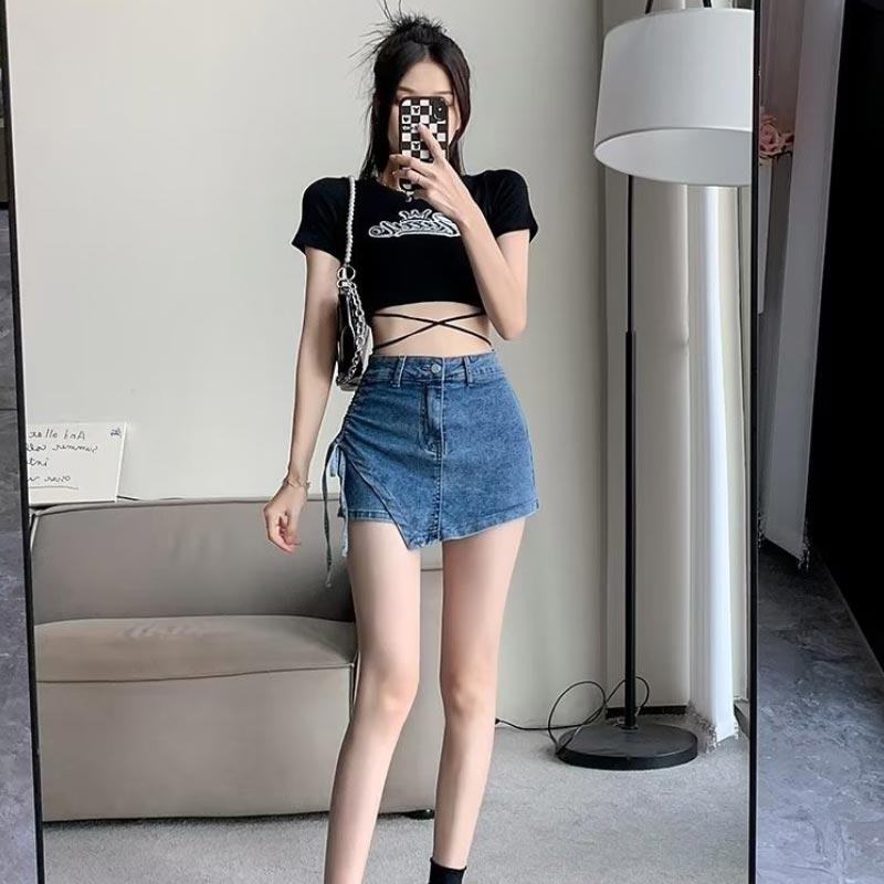 Джинсовая юбка с высокой талией на шнурке для женщин — фото 18