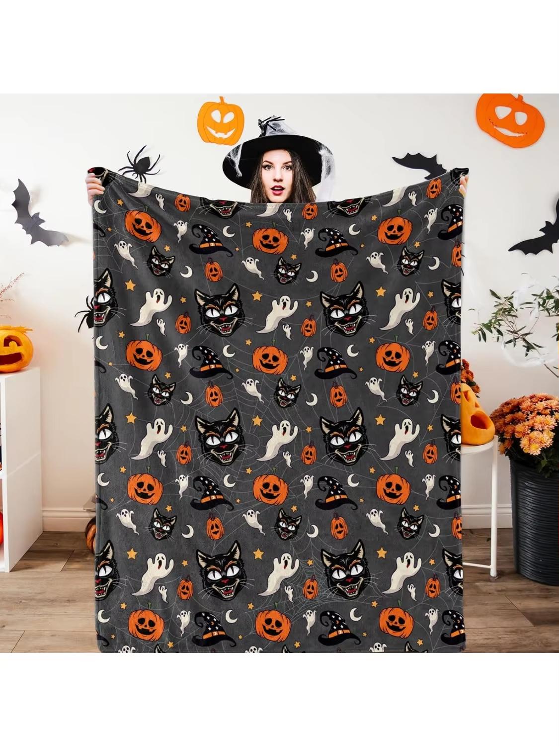 

1pc Halloween Blanket Spiders Web Bats Pumpkins Print - Spooky Flannel Throw for Couch Decor - Soft Warm Gift for Party 30x40in