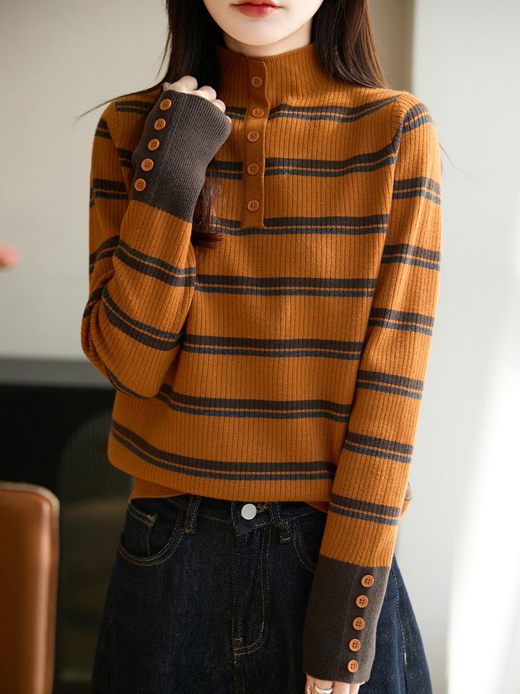 Color Block Striped Half-High Neck Sweater - Women's Fashion Slimming Knit Base Layer for Autumn/Winter.