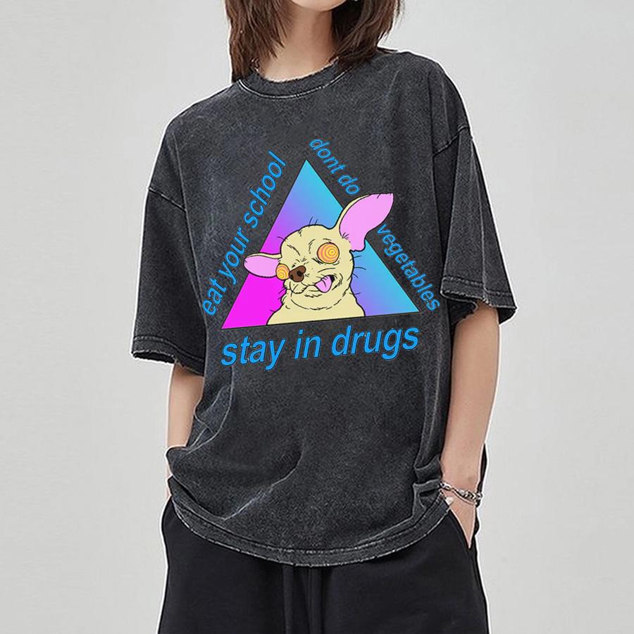 Fashion Trend Puppy Print Women Washed T-Shirt Loose Oversized Couple Short Sleeve Distressed Top Spot Tees
