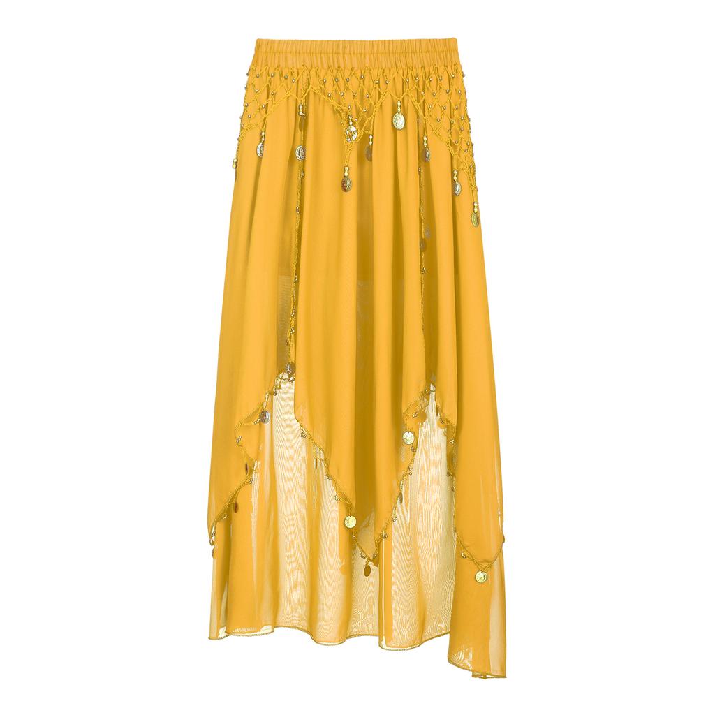 Ladies Sequin Beaded Belly Dance Skirt Chiffon Fabric Elastic Waistband Performance Costume Practice Dancewear