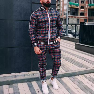 Autumn Men's Casual Plaid Sport Suit: Zip-Up Jacket & Long Pants Two-Piece Set