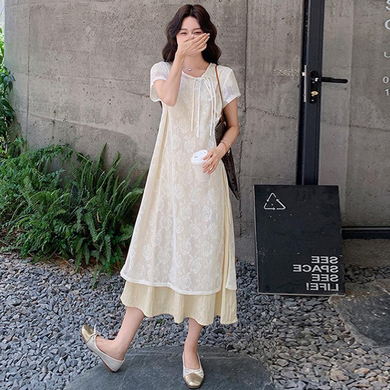 2026 Summer Maternity Blouse Dress: Fresh Embroidered, Chinese-Style, Light National Layered Two-Piece Set