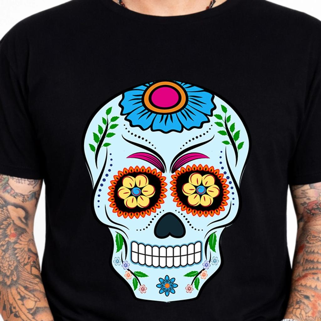 Sugar Skull T-Shirt Day of the Dead Blue Flower Sunflower Eyes Gothic Gift Tee
