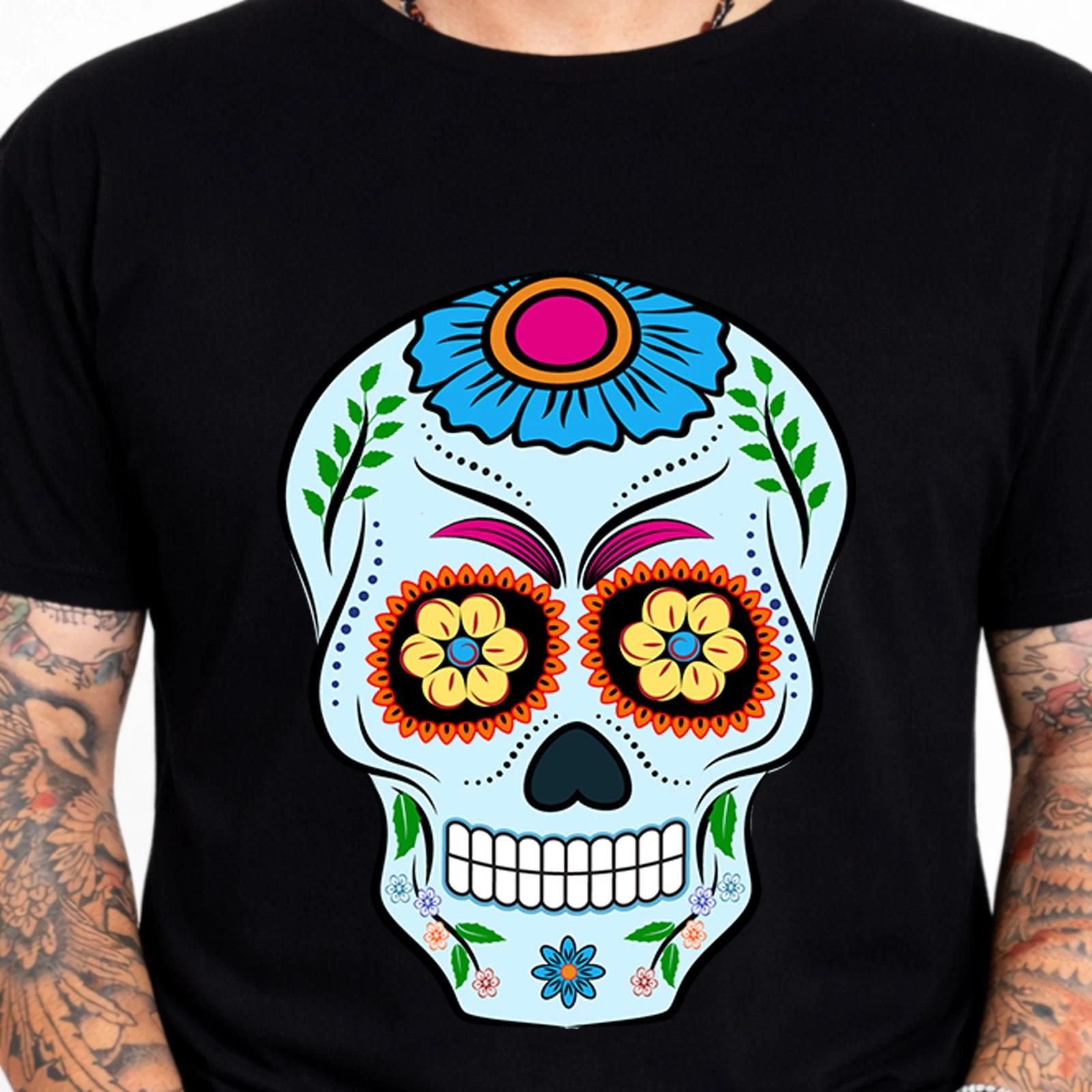 Sugar Skull T-Shirt Day of the Dead Blue Flower Sunflower Eyes Gothic Gift Tee M
