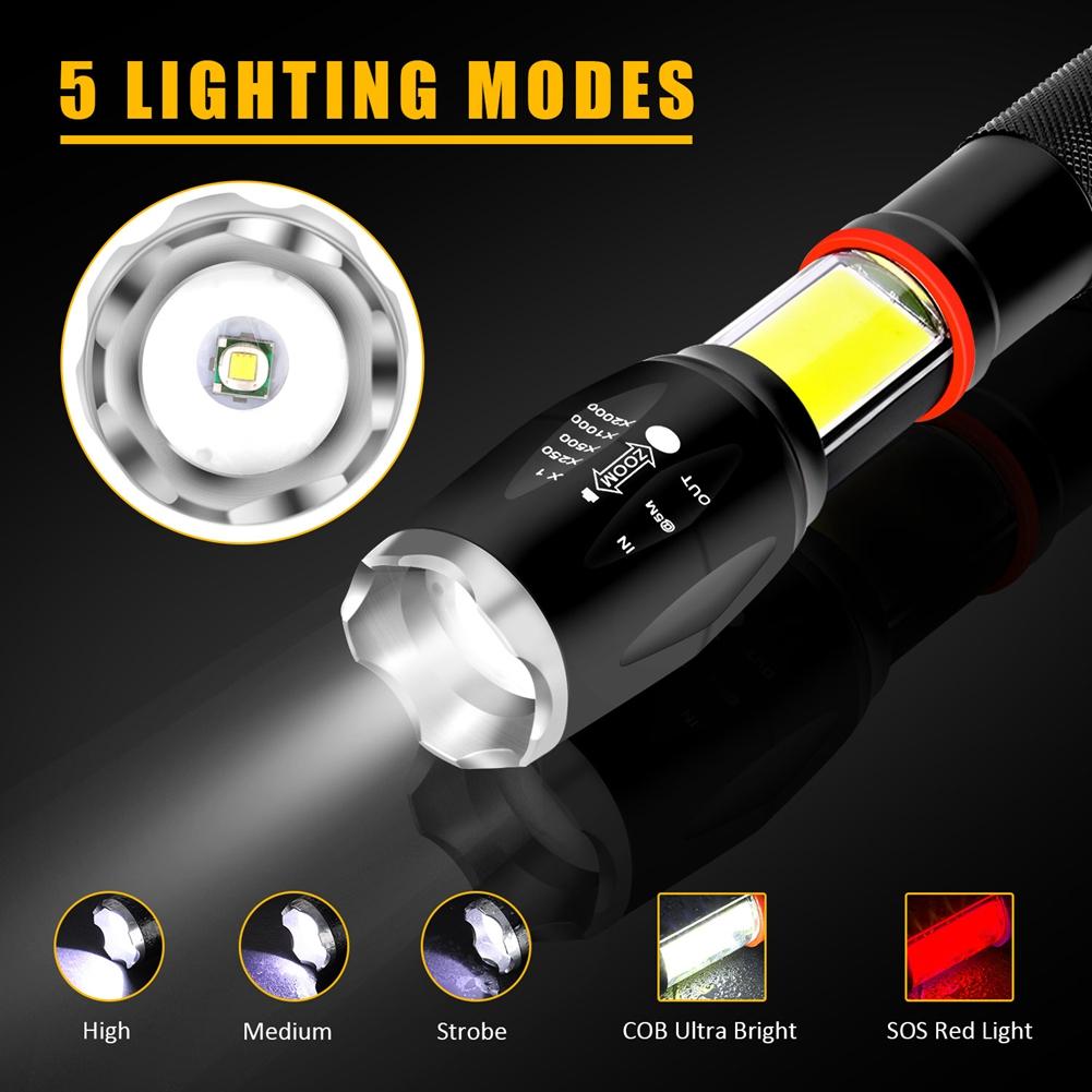 LED COB Flashlight 500 lm Ultra Bright Powerful Zoomable Flashlight