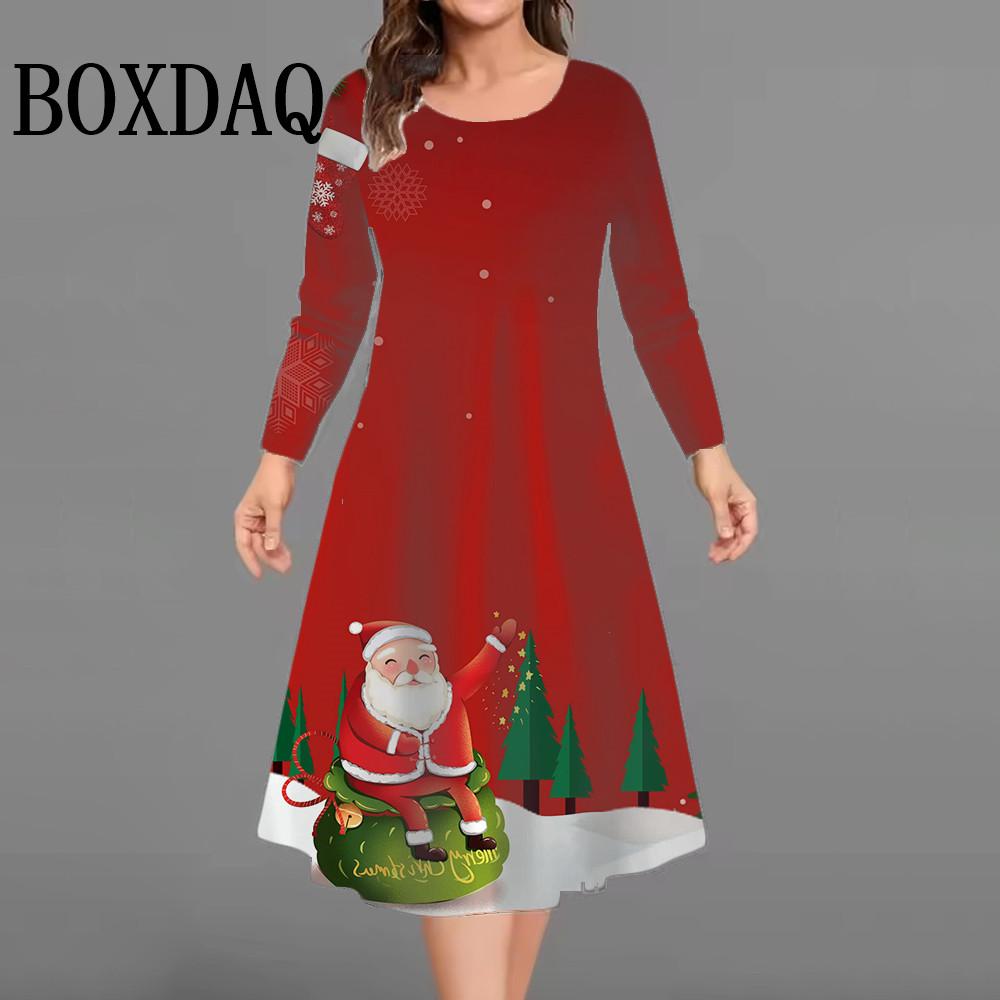 Plus Size Women Dress Christmas Tree Long Sleeve O-Neck Snowman 3D Printed Casual Loose Dress Vestidos Woman Winter Clothes