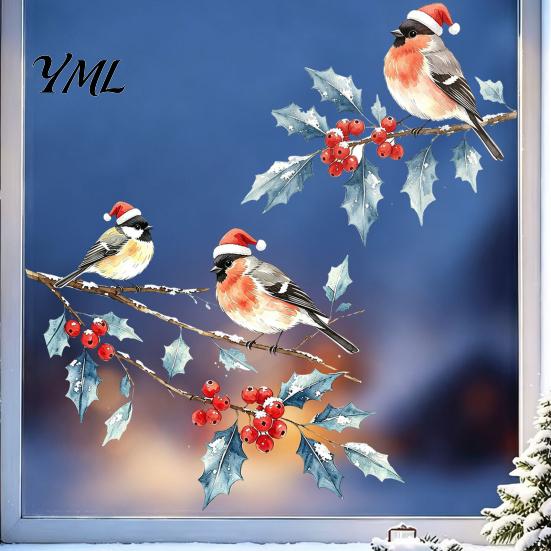 Holiday Party Window Accents Christmas Watercolor Bird Sticker, Santa Hat On Beey Winter Glass Decals Branch Static Decal, Waterproof Cling for