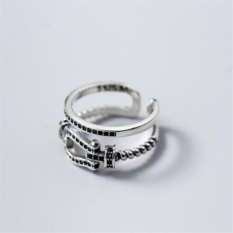 New Fashion Creative Double-layer Temperament 925 Sterling Silver Jewelry Personality Belt Black Crystal Opening Rings TYB536