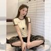 American contrasting striped round neck short-sleeved T-shirt women's summer small slim and thin embroidered textured short top