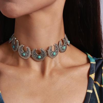 Bohemian Ethnic Pattern Necklace, Moon Turquoise Collar, Collar Decoration, Collarbone Chain