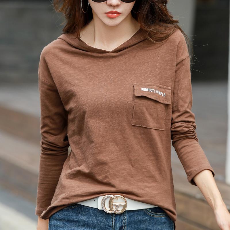 2026 Spring and Autumn Women's Pure Cotton Loose Hooded Long Sleeve T-Shirt, Comfortable Casual Top