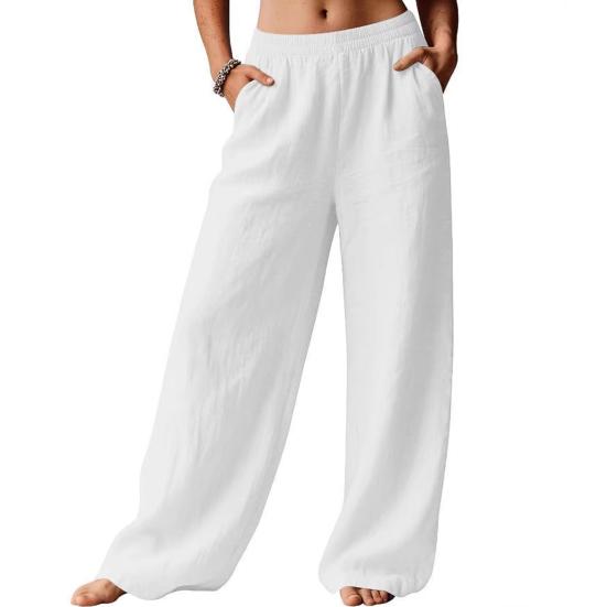 Damen Hose Hohe Taille Gerade Weiter Bein Lange Hose mit Elastischem Bund Tiefe Taschen Knitterarm Casual Hose